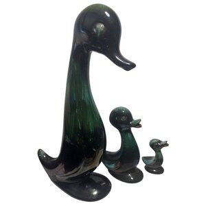 Blue Mountain Pottery Duck Family Set of 3 Green Drip Glaze MCM Vtg Canada